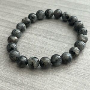 Natural Larvikite Stretch Bracelet | Gray Black Gemstone | Norwegian Moonstone